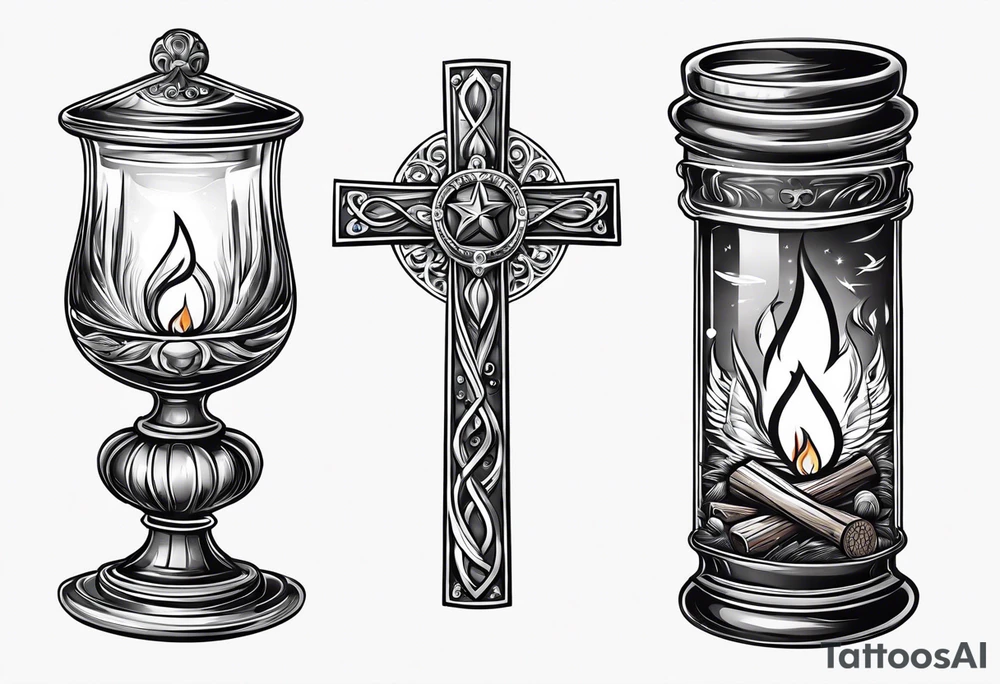 christian 
cross; campfire, golf, campfire, whiskey glass tattoo idea