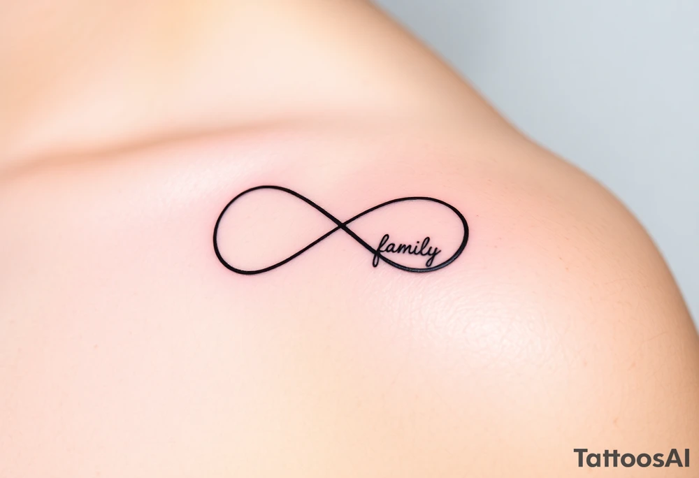 A minimalist infinity symbol composed of thin, intersecting lines, with the word "family" subtly incorporated along the curve in a contemporary font tattoo idea