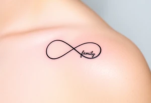 A minimalist infinity symbol composed of thin, intersecting lines, with the word "family" subtly incorporated along the curve in a contemporary font tattoo idea