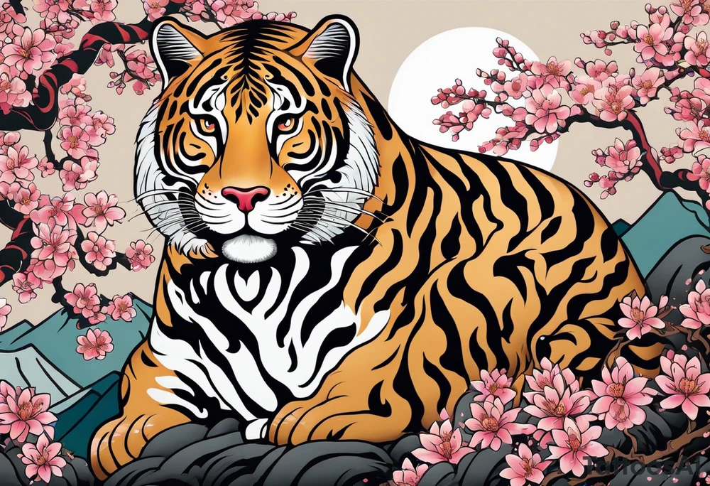 An irezumi style big cat, which looks like the traditional japanese drawing of a tiger. The colour and pattern of a jaguar on the body of the big cat. It should be climbing upwards, with the head looking to the right. The background is a stylised cherry blossom tree with multiple shades of pink for the blossoms. The colours of the background are not dark, so that the jaguar stands out against the background. 
The drawing must be traditional japanese style tattoo tattoo idea