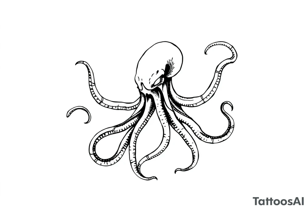 A minimalist blackwork tattoo design of an evil kraken The kraken is viewed from a 45-degree angle facing left, with its head centered. The tentacles extend only to the left and right, with none going downward beneath the head. the tentacles are quite long reaching to the left and right. The style is clean, fine-line detailing with bold outlines, avoiding heavy shading. The tentacles should be fluid, aggressive, and striking, enhancing the menacing and eerie look of the kraken while maintaining a cohesive design for a tattoo sleeve. make the tentacles very long, they need to be 3 times a slong as the head. Take the kraken from pirates of the caribeen as reference for its design. tattoo idea
