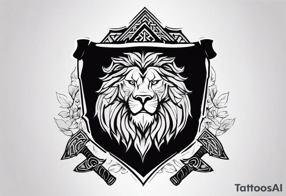 Valhalla sword shield lion 
 axe Valknut tattoo idea