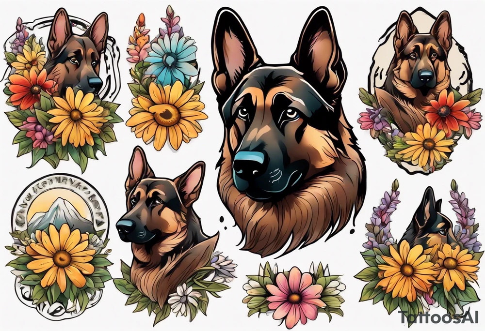 Dark Brown female German shepherd portrait surrounded by  colorful daisies tattoo idea