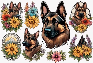 Dark Brown female German shepherd portrait surrounded by  colorful daisies tattoo idea