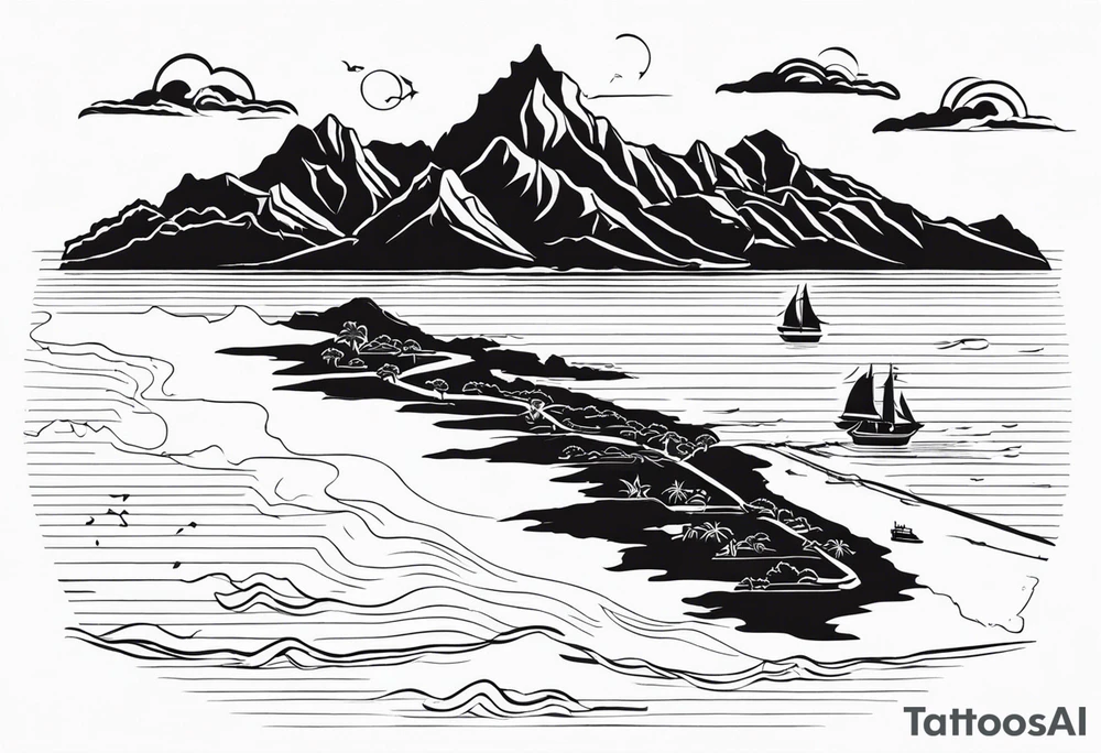 Map of the eastern Caribbean islands with an ocean view of the island mountains across the sea in the background tattoo idea
