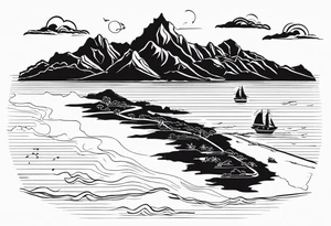 Map of the eastern Caribbean islands with an ocean view of the island mountains across the sea in the background tattoo idea