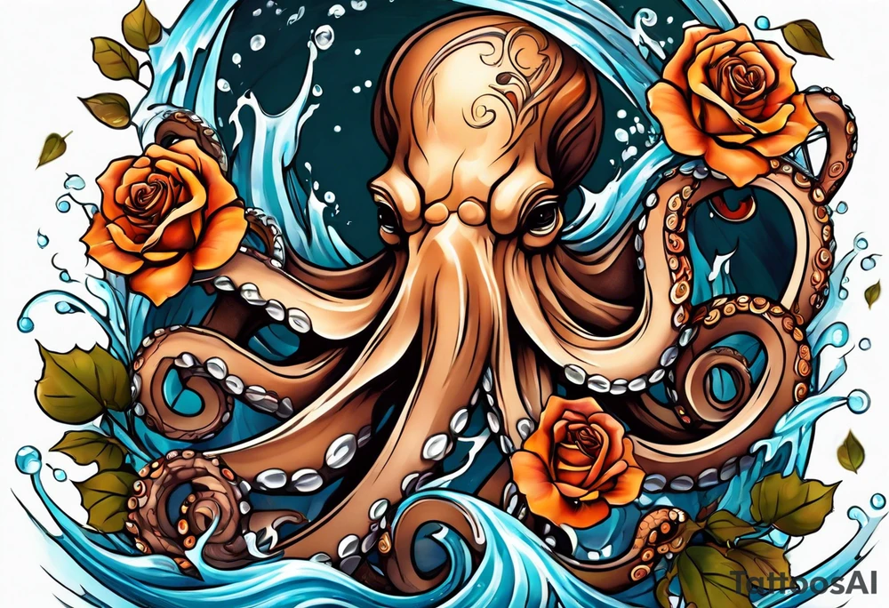 masculine abstract left thigh tattoo with a large octopus in water swirls wrapping around rocks, a rose, in fall colors with some small leaves and fall elements tattoo idea