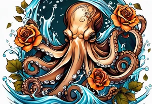 masculine abstract left thigh tattoo with a large octopus in water swirls wrapping around rocks, a rose, in fall colors with some small leaves and fall elements tattoo idea