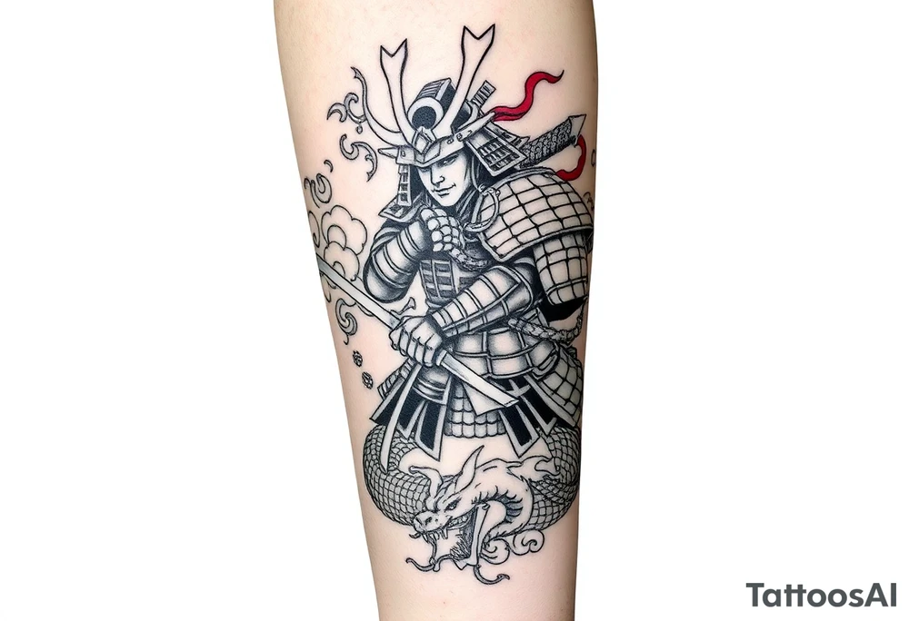 Samurai warrior with traditional armor entangled with a Japanese dragon, mythological elements, flowing composition, black ink tattoo style with red accents, swirling clouds, ornamental Japanese patterns, sketch-style linework, vertical tattoo layout for forearm or sleeve build-out tattoo idea