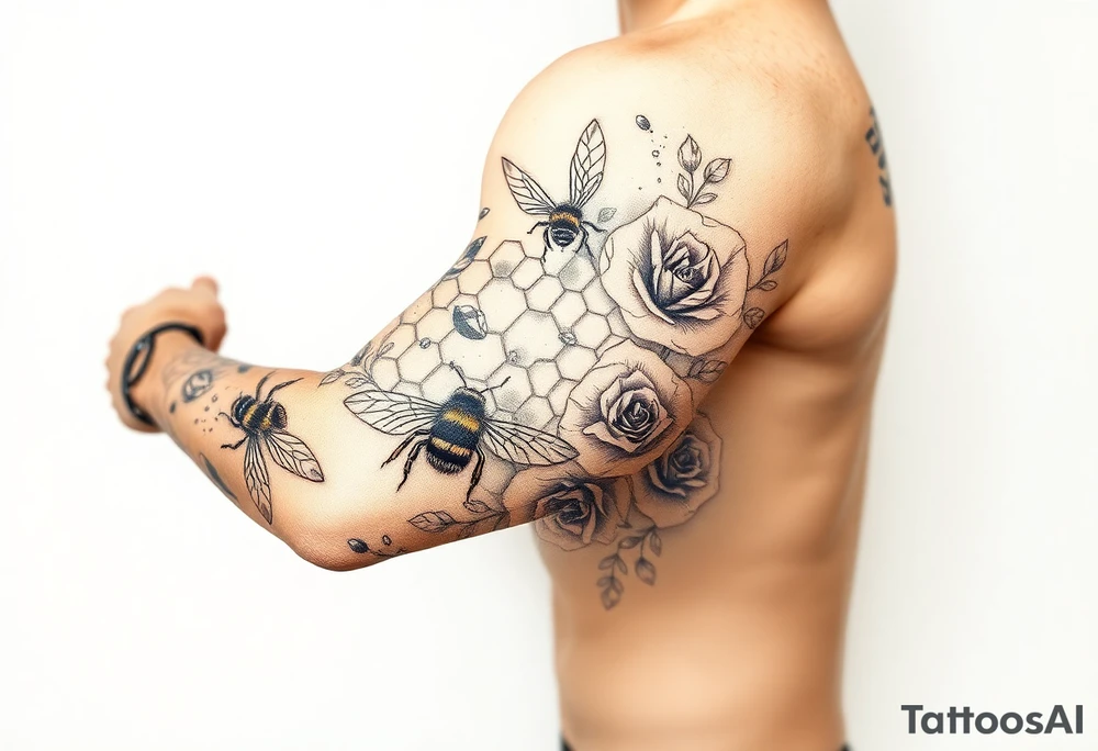 honey comb, bees, and roses tattoo idea