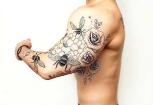 honey comb, bees, and roses tattoo idea