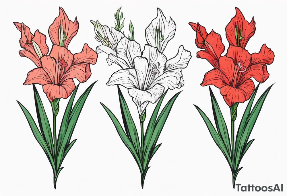 one single, thin, narrow gladiolus stalk. green leaves. coral-colored flowers with deep red centers. tattoo idea