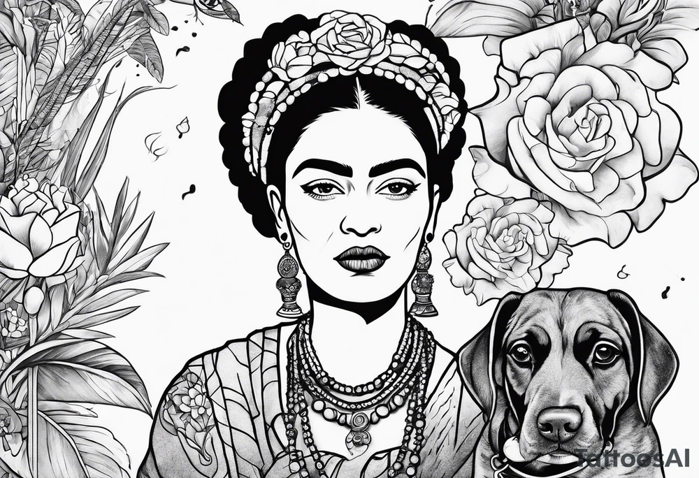 Frida khalo smoking a hookah while carrying a puppy dog tattoo idea