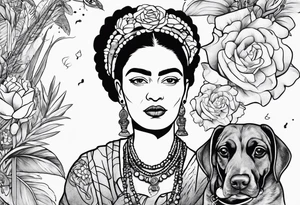Frida khalo smoking a hookah while carrying a puppy dog tattoo idea