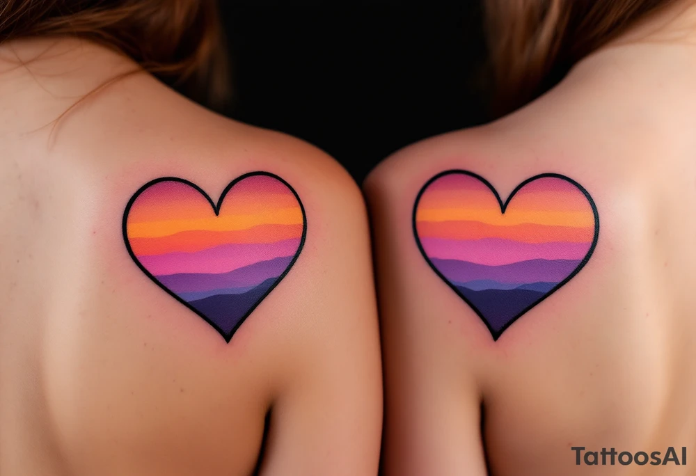 Hearts shaded with a sunset gradient of orange, pink, and purple across each partner shoulder blades. tattoo idea