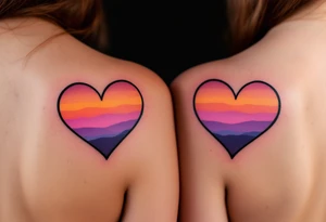 Hearts shaded with a sunset gradient of orange, pink, and purple across each partner shoulder blades. tattoo idea