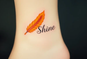 A golden yellow and fiery orange feather with a sunbeam effect, featuring the word "Shine", representing radiance and warmth in a relationship tattoo idea