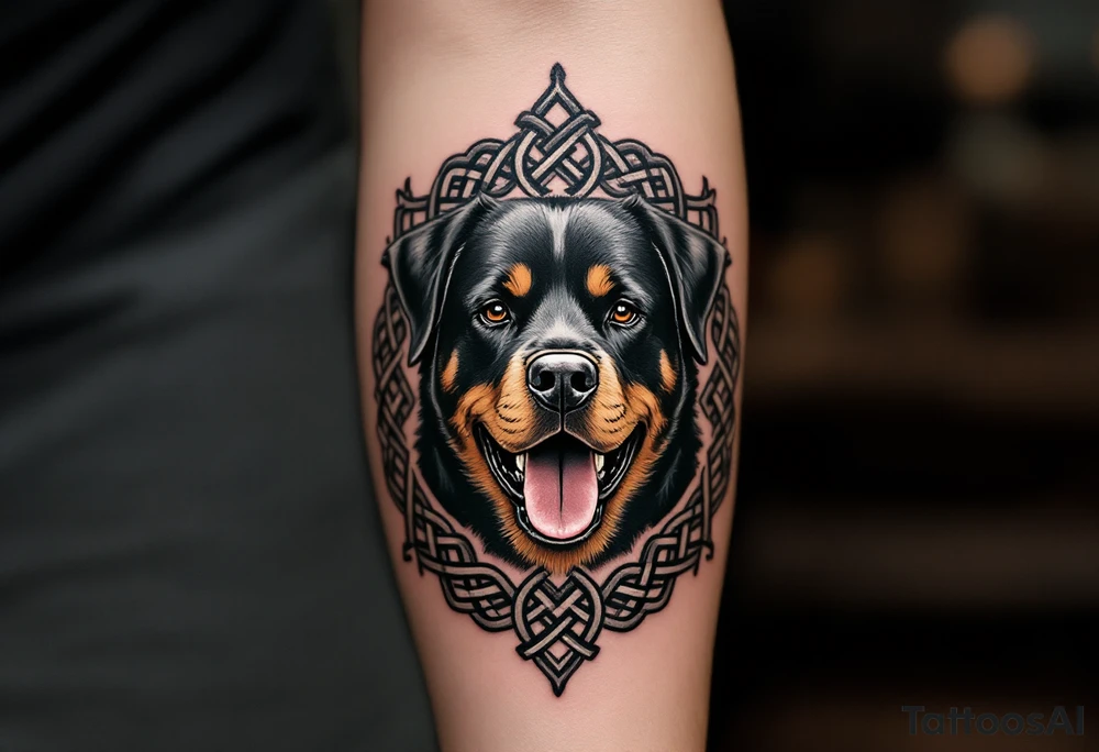 Rottweiler and Celtic Knot – A black and grey Rottweiler surrounded by intricate Celtic knotwork, symbolizing eternal loyalty and protection. tattoo idea