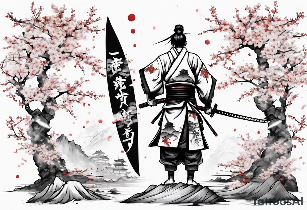 The shogun is standing with his back, he has a hole in his back and where the blood comes from in the form of sakura leaves and many samurai swords stuck in the ground tattoo idea