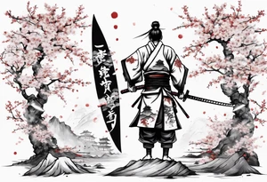 The shogun is standing with his back, he has a hole in his back and where the blood comes from in the form of sakura leaves and many samurai swords stuck in the ground tattoo idea