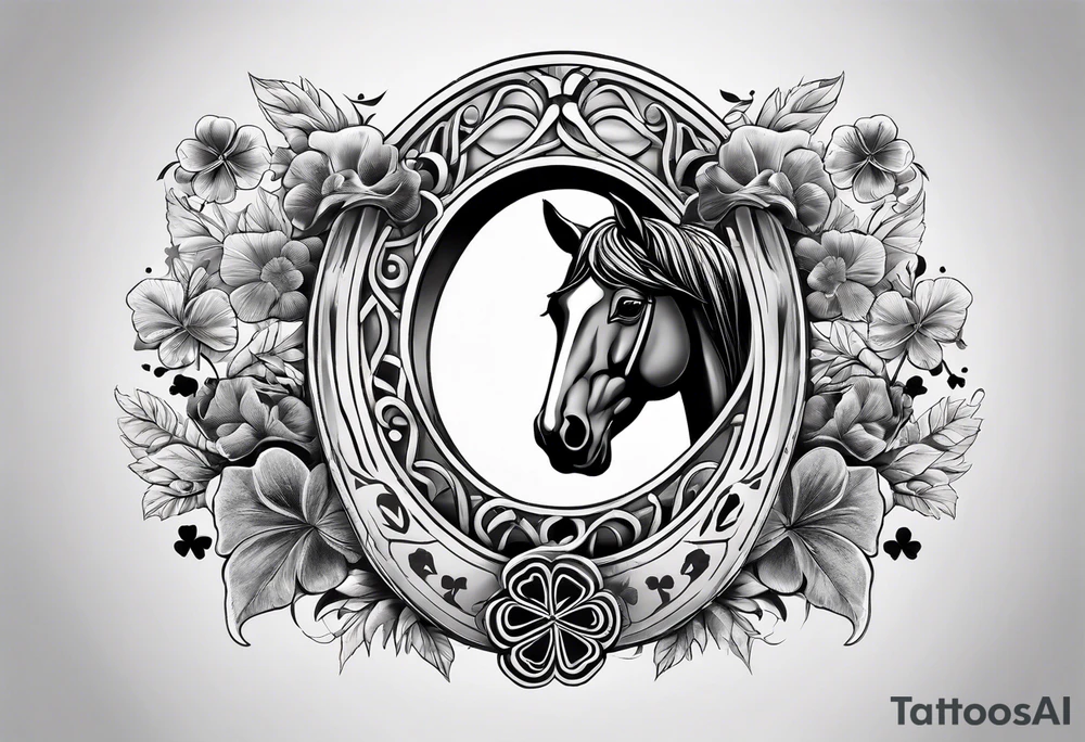 horse shoe with 5 leaf clover inside tattoo idea