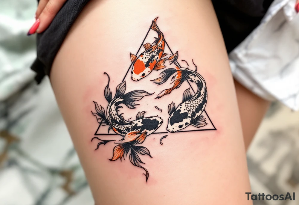 A triangle formed by three koi fish in orange, black, and white, swirling in harmony. tattoo idea