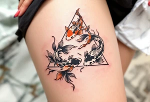 A triangle formed by three koi fish in orange, black, and white, swirling in harmony. tattoo idea
