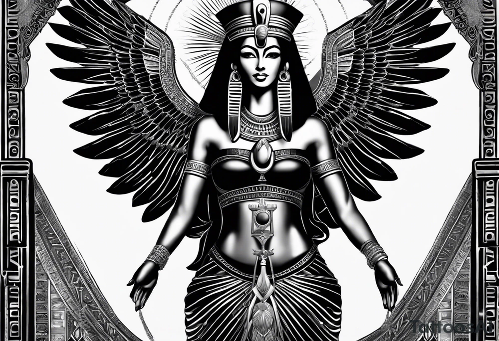 black and white Egyptian goddess Isis, who is often depicted as a woman with outstretched wings, holding an ankh (a symbol of life) in one hand and a lotus flower in the other. Her headdress often includes a throne or a solar disk. The tattoo design can vary in style and size, but it typically aims to capture the essence of this revered Egyptian deity, emphasizing her beauty, power, and maternal qualities. The choice of colors and additional elements can also be customized to create a unique and visually striking representation of the goddess Isis tattoo idea