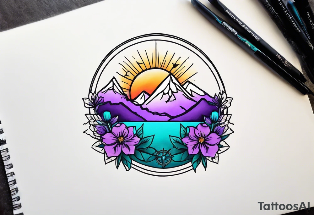 I’d like a half sleeve tattoo on my shoulder. It features a mountain range, with a compass rose rising up from behind the mountain like a sunrise. In front of the mountains, there are purple and teal flowers. tattoo idea