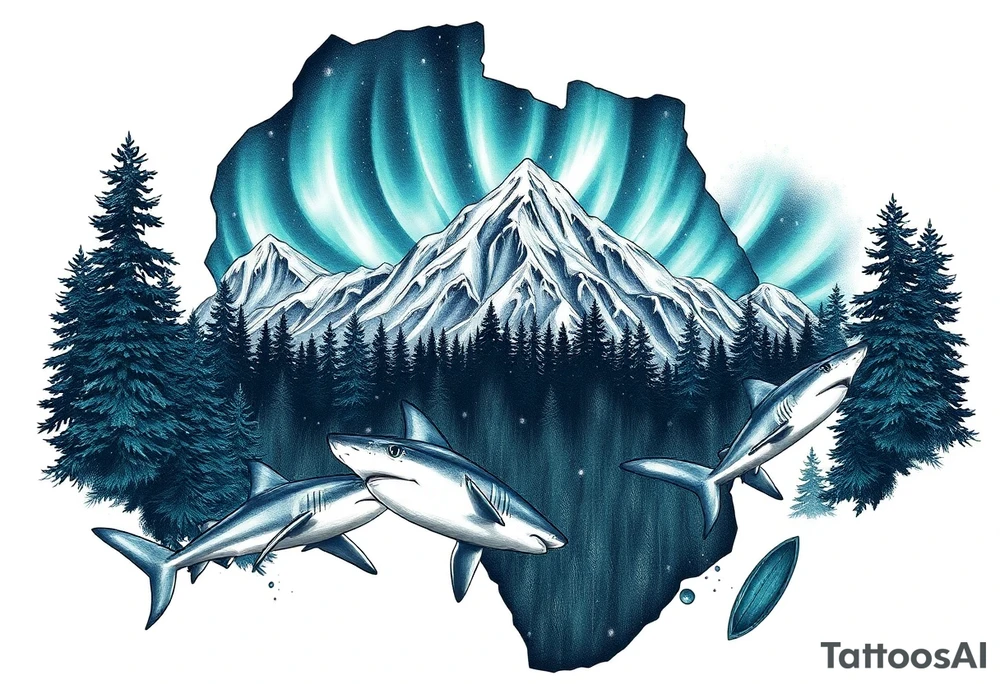 forest mountains under the northen lights with sharks in the shape of africa tattoo idea