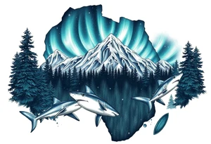 forest mountains under the northen lights with sharks in the shape of africa tattoo idea