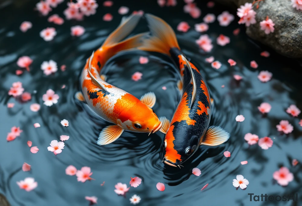 Koi Duo in Cherry Blossom Stream – A pair of koi, one orange, one black, flowing together through a river filled with scattered cherry petals. tattoo idea