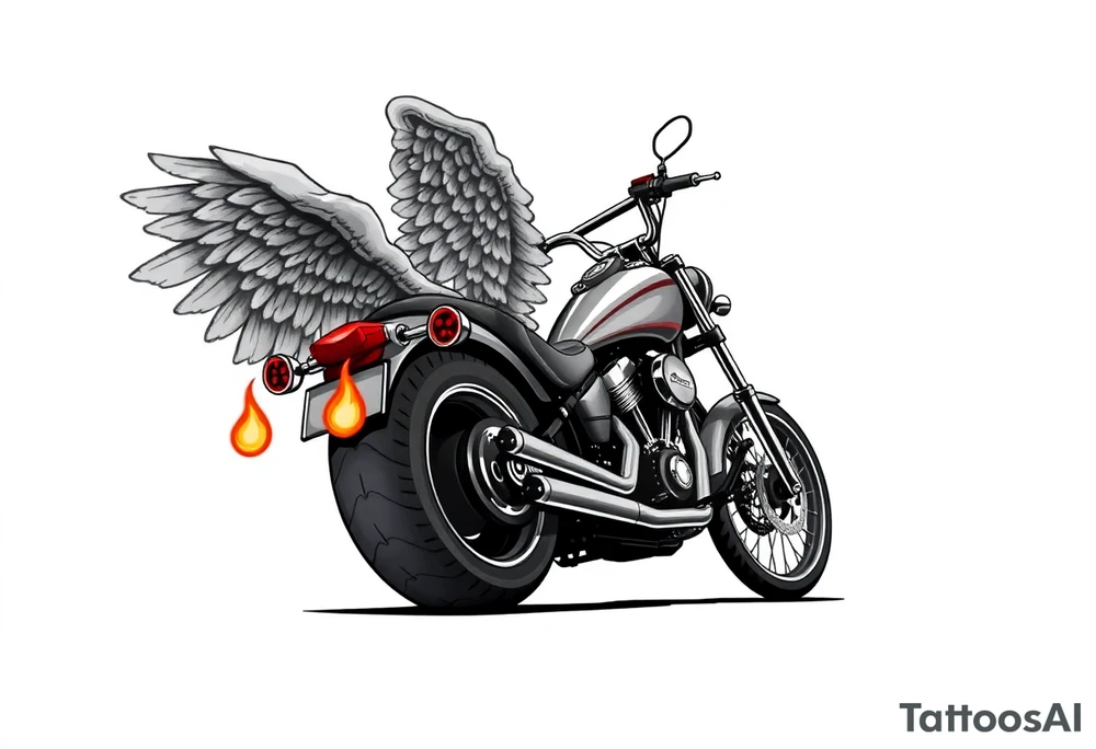 Low rider grey motorcycle, big muffler pipes with flames, angel wings, driving away, no person tattoo idea