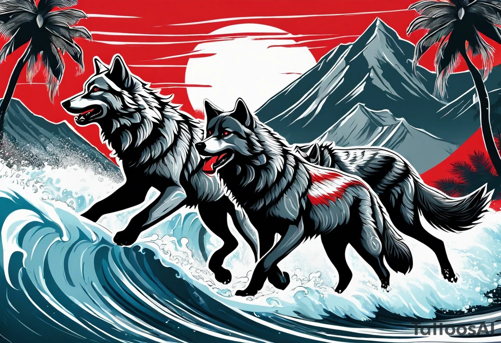 a pack of howling muscular  gray wolves surfing with a tropical background with red white and black and gray tattoo idea