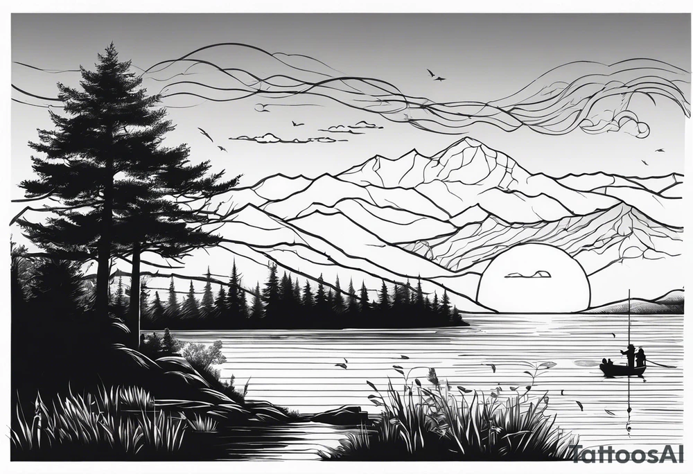 silhouette of landscape and fishingpole and line tattoo idea
