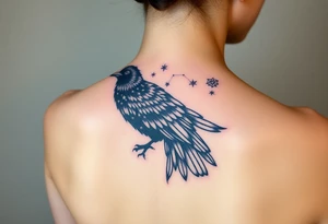 Raven with starry sky background with zodiac constellations in it with runes in sky tattoo idea
