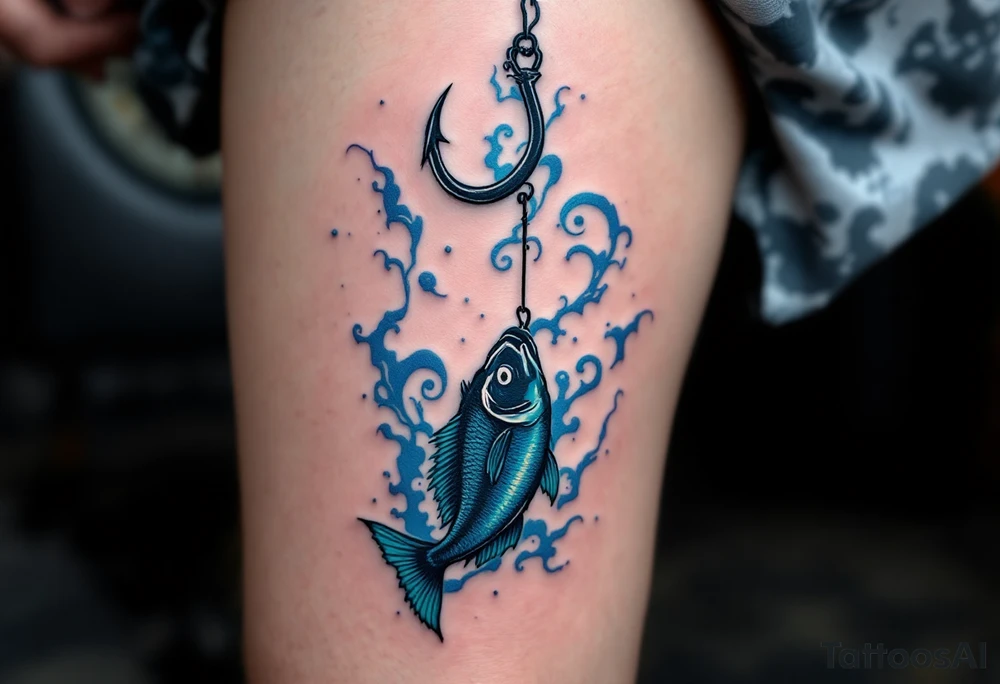Hook with Fish Silhouette – A black fishing hook with a silhouette of a fish dangling on the line, both intricately detailed in shades of blue and gray to highlight the connection between hunter and prey. tattoo idea