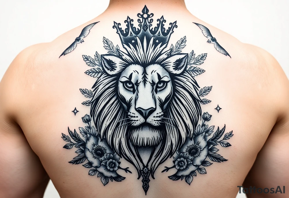 powerful majestic lion with a crown, surrounded by floral ornaments and birds tattoo idea