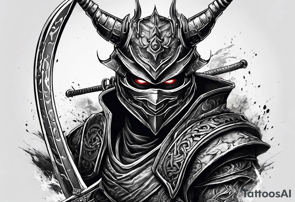 Angry robot demon ninja with demon mask with sword fighting in war tattoo idea