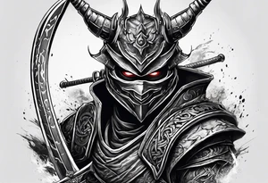 Angry robot demon ninja with demon mask with sword fighting in war tattoo idea