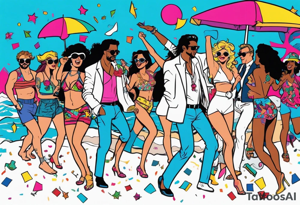 1980's miami vice style beach dance 
party, include confetti, music notes, boom box, bikinis tattoo idea