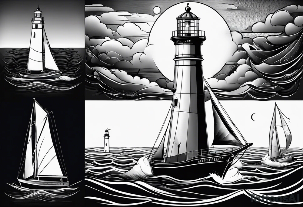 phare maritime dans un bateau a voiles. tattoo idea