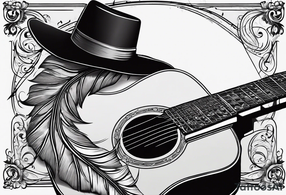 An acoustic guitar leaning against something, next to it is a hat with a long pointy feather on its brim. Musical staves and notes coming out of it tattoo idea