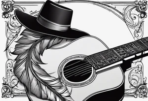 An acoustic guitar leaning against something, next to it is a hat with a long pointy feather on its brim. Musical staves and notes coming out of it tattoo idea