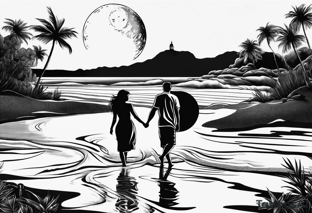 Silouhette of two people on beach water with moon tattoo idea