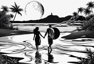 Silouhette of two people on beach water with moon tattoo idea