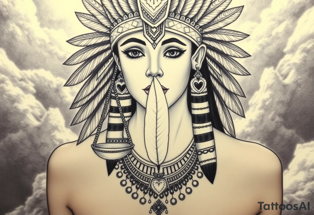 Beautiful Egyptian goddess woman’s face and elegant body, depicted as a regal woman with an ostrich feather headdress, and intricate ancient Egyptian jewelry, the Anhk necklace. Background includes something similar to heaven, as one is walking into it. Incorporate the Scales of Justice—one side holding a heart, the other Ma’at’s feather—glowing with ethereal energy. Emphasize dramatic lighting, deep shadows, and surreal, mystical atmosphere tattoo idea