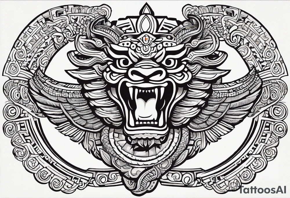 Design a masculine and fierce right chest tattoo of Quetzalcoatl, the Aztec feathered serpent god. Make Quetzalcoatl appear in mid-flight, with his powerful, feathered body coiling dynamically across the chest. His face should have sharp, intense features, with fierce, piercing eyes and serpent fangs bared. Incorporate traditional Aztec geometric patterns, like jagged lines and spirals, in the wings and tail, to emphasize strength and power. Use bold, black ink with subtle shading to give depth and texture, while ensuring the design stays sharp and aggressive. The feathers should appear sharp and stylized, giving an aura of both wisdom and danger. Refrence real illustrations in the Aztec culture tattoo idea