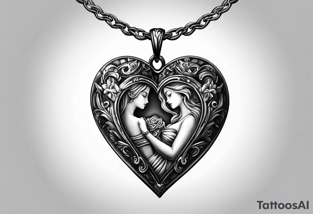 necklace heart locket with a male and female shadow hugging tattoo idea