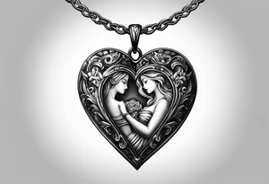 necklace heart locket with a male and female shadow hugging tattoo idea